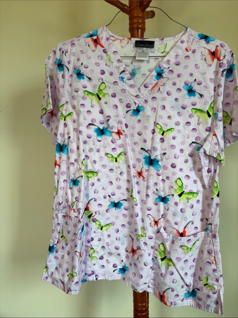Cherokee Lavender Butterfly Print Short Sleeve Scrub Top Size XL